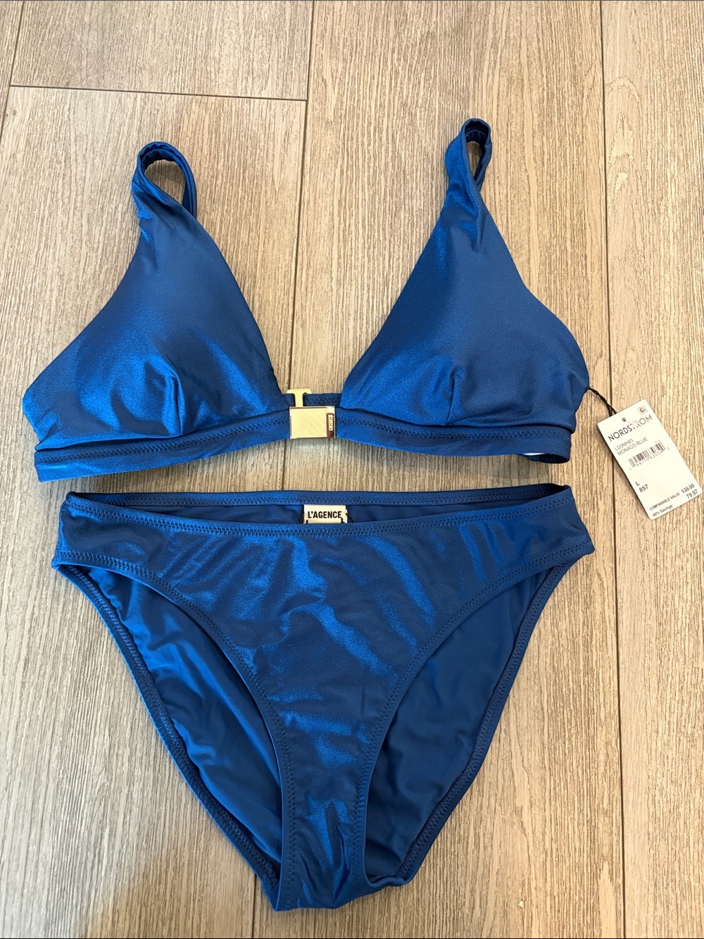 L'AGENCE Shimmering Royal Blue Triangle Bikini with Gold Clasp Top NWT